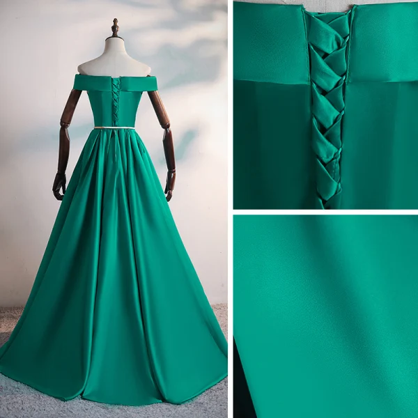 Schlicht Dunkelgrün Satin Tanzen Ballkleider 2020 A Linie Off Shoulder Kurze Ärmel Metall Stoffgürtel Gespaltete Front Lange Rückenfreies Festliche Kleider