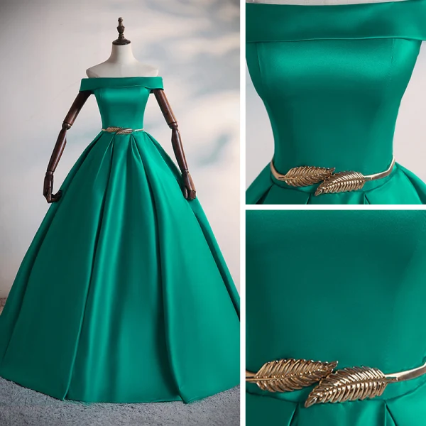 Schlicht Dunkelgrün Satin Tanzen Ballkleider 2020 A Linie Off Shoulder Kurze Ärmel Metall Stoffgürtel Gespaltete Front Lange Rückenfreies Festliche Kleider