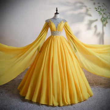 Gama Alta Oro Gasa Vestidos De Gala 2020 Ball Gown Cuello Alto Manga Larga Rebordear Lentejuelas Rhinestone Largos Ruffle Sin Espalda Vestidos Formales