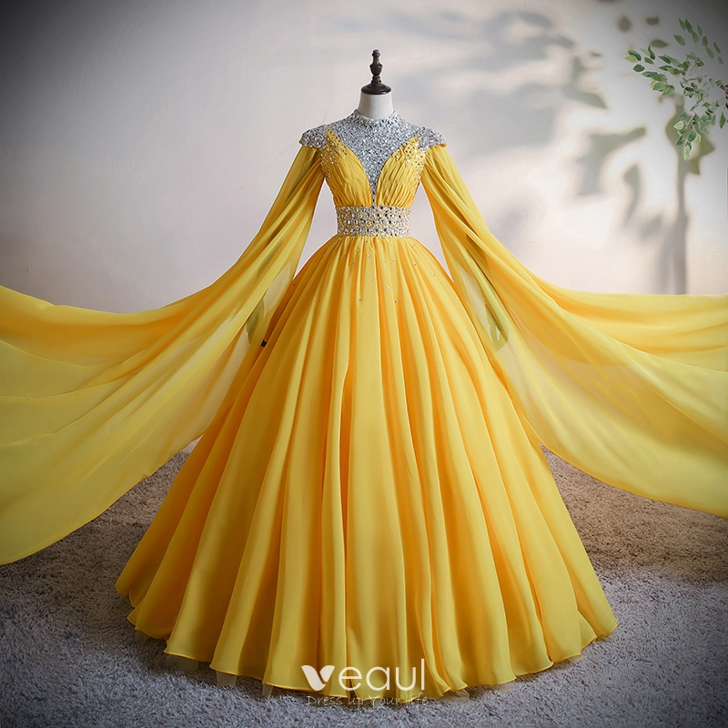 High-end Gold Chiffon Prom Dresses 2020 Ball Gown High Neck Long Sleeve Beading Sequins Rhinestone Floor-Length / Long Ruffle Backless Formal Dresses High-end Gold Chiffon Prom Dresses 2020 Ball Gown High Neck Long Sleeve Beading Sequins Rhinestone Floor-Length / Long Ruffle Backless Formal Dresses