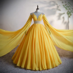 High End Gold Chiffon Ballkleider 2020 Ballkleid Stehkragen Lange Ärmel Perlenstickerei Pailletten Strass Lange Rüschen Rückenfreies Festliche Kleider