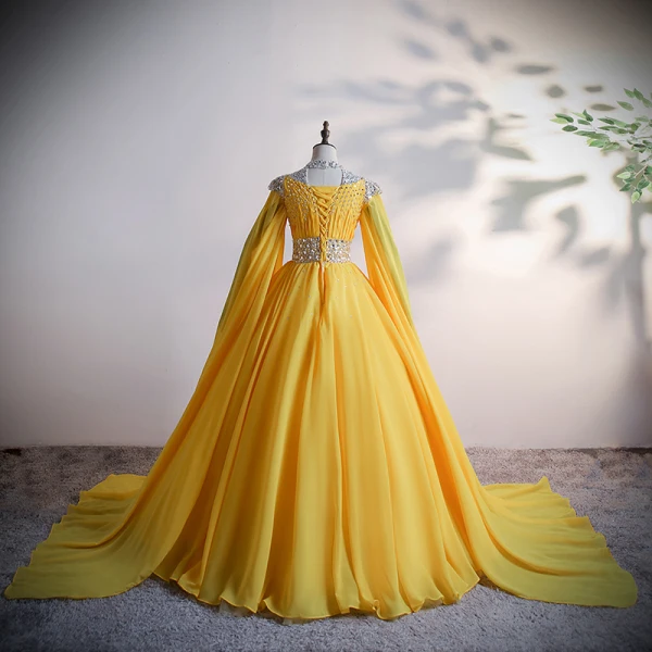 High End Gold Chiffon Ballkleider 2020 Ballkleid Stehkragen Lange Ärmel Perlenstickerei Pailletten Strass Lange Rüschen Rückenfreies Festliche Kleider