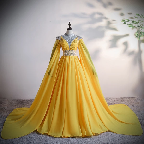 High End Gold Chiffon Ballkleider 2020 Ballkleid Stehkragen Lange Ärmel Perlenstickerei Pailletten Strass Lange Rüschen Rückenfreies Festliche Kleider