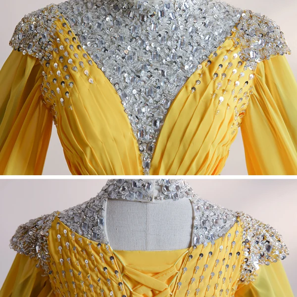 High End Gold Chiffon Ballkleider 2020 Ballkleid Stehkragen Lange Ärmel Perlenstickerei Pailletten Strass Lange Rüschen Rückenfreies Festliche Kleider