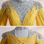 High End Gold Chiffon Ballkleider 2020 Ballkleid Stehkragen Lange Ärmel Perlenstickerei Pailletten Strass Lange Rüschen Rückenfreies Festliche Kleider