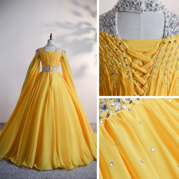High End Gold Chiffon Ballkleider 2020 Ballkleid Stehkragen Lange Ärmel Perlenstickerei Pailletten Strass Lange Rüschen Rückenfreies Festliche Kleider