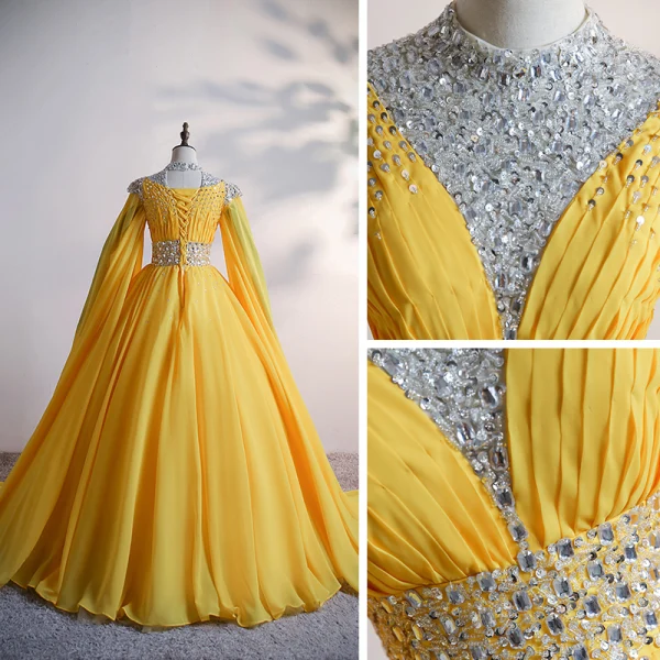 High End Gold Chiffon Ballkleider 2020 Ballkleid Stehkragen Lange Ärmel Perlenstickerei Pailletten Strass Lange Rüschen Rückenfreies Festliche Kleider