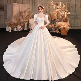 Vintage Originale Ivoire Satin Transparentes La Mariée Robe De Mariée 2020 Robe Boule Col Haut Gonflée Manches Courtes Dos Nu Noeud Perlage Perle Cathedral Train Volants