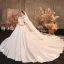 Vintage / Originale Ivoire Satin Transparentes La Mariée Robe De Mariée 2020 Robe Boule Col Haut Gonflée Manches Courtes Dos Nu Noeud Perlage Perle Cathedral Train Volants