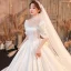 Vintage / Originale Ivoire Satin Transparentes La Mariée Robe De Mariée 2020 Robe Boule Col Haut Gonflée Manches Courtes Dos Nu Noeud Perlage Perle Cathedral Train Volants