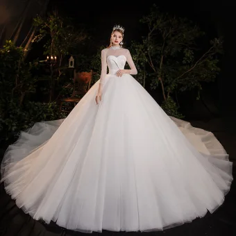 Vintage Originale Blanche Transparentes La Mariée Robe De Mariée 2020 Robe Boule Col Haut Manches Longues Dos Nu Perlage Perle Cathedral Train Volants