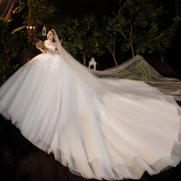 Vintage Weiß Durchsichtige Hochzeits Brautkleider / Hochzeitskleider 2020 Ballkleid Stehkragen Lange Ärmel Rückenfreies Perlenstickerei Perle Kathedrale Schleppe Rüschen