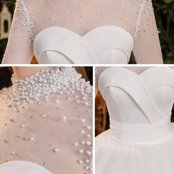 Vintage Weiß Durchsichtige Hochzeits Brautkleider / Hochzeitskleider 2020 Ballkleid Stehkragen Lange Ärmel Rückenfreies Perlenstickerei Perle Kathedrale Schleppe Rüschen