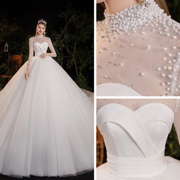 Vintage Weiß Durchsichtige Hochzeits Brautkleider / Hochzeitskleider 2020 Ballkleid Stehkragen Lange Ärmel Rückenfreies Perlenstickerei Perle Kathedrale Schleppe Rüschen