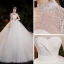Vintage Weiß Durchsichtige Hochzeits Brautkleider / Hochzeitskleider 2020 Ballkleid Stehkragen Lange Ärmel Rückenfreies Perlenstickerei Perle Kathedrale Schleppe Rüschen