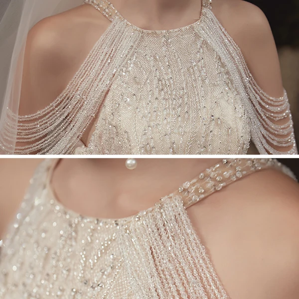 Luxe Champagne La Mariée Robe De Mariée 2020 Robe Boule Encolure Dégagée Sans Manches Dos Nu Perlage Paillettes Glitter Tulle Cathedral Train Volants