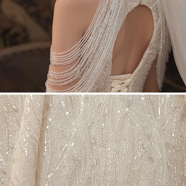 Luxe Champagne La Mariée Robe De Mariée 2020 Robe Boule Encolure Dégagée Sans Manches Dos Nu Perlage Paillettes Glitter Tulle Cathedral Train Volants