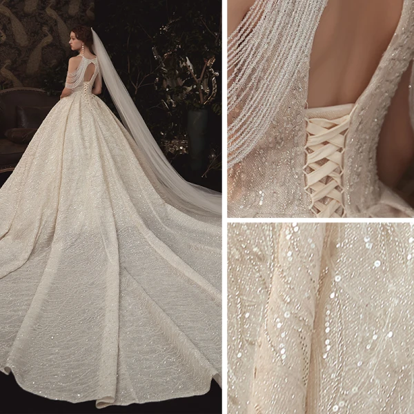Luxe Champagne La Mariée Robe De Mariée 2020 Robe Boule Encolure Dégagée Sans Manches Dos Nu Perlage Paillettes Glitter Tulle Cathedral Train Volants