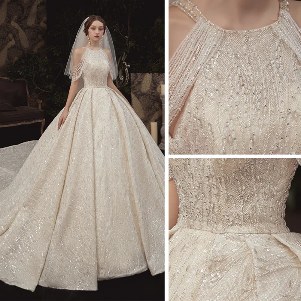 Luxe Champagne La Mariée Robe De Mariée 2020 Robe Boule Encolure Dégagée Sans Manches Dos Nu Perlage Paillettes Glitter Tulle Cathedral Train Volants
