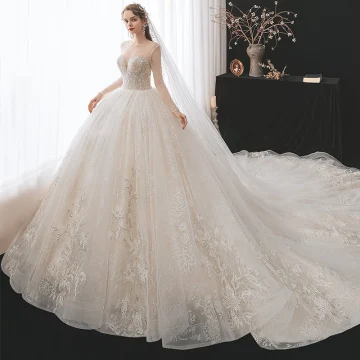 Romantisk Champagne Genomskinliga Brud Bröllopsklänningar 2020 Balklänning Urringning Långärmad Halterneck Appliqués Spets Beading Glittriga Glitter Tyll Cathedral Train Ruffle