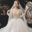 Romantic Champagne See-through Bridal Wedding Dresses 2020 Ball Gown Scoop Neck Long Sleeve Backless Appliques Lace Beading Glitter Tulle Cathedral Train Ruffle