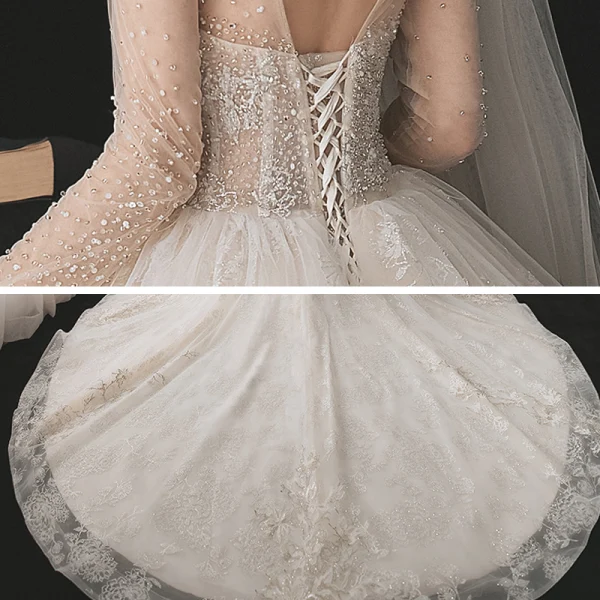 Romantic Champagne See-through Bridal Wedding Dresses 2020 Ball Gown Scoop Neck Long Sleeve Backless Appliques Lace Beading Glitter Tulle Cathedral Train Ruffle