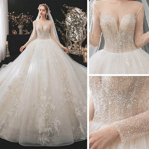 Romantic Champagne See-through Bridal Wedding Dresses 2020 Ball Gown Scoop Neck Long Sleeve Backless Appliques Lace Beading Glitter Tulle Cathedral Train Ruffle
