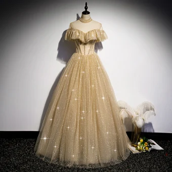 Vintage Originale Champagne Doré Dansant Robe De Bal 2020 Princesse Transparentes Col Haut Perlage Manches Courtes Glitter Tulle Longue Volants Dos Nu Robe De Ceremonie