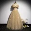 Vintage / Retro Champagne Gold Dancing Prom Dresses 2020 A-Line / Princess See-through High Neck Beading Short Sleeve Glitter Tulle Floor-Length / Long Ruffle Backless Formal Dresses