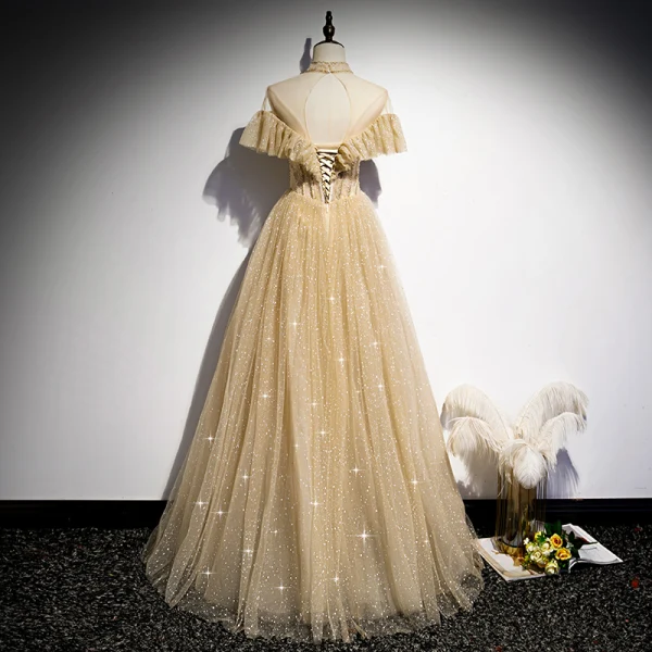 Vintage / Retro Champagne Gold Dancing Prom Dresses 2020 A-Line / Princess See-through High Neck Beading Short Sleeve Glitter Tulle Floor-Length / Long Ruffle Backless Formal Dresses