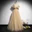 Vintage / Retro Champagne Gold Dancing Prom Dresses 2020 A-Line / Princess See-through High Neck Beading Short Sleeve Glitter Tulle Floor-Length / Long Ruffle Backless Formal Dresses