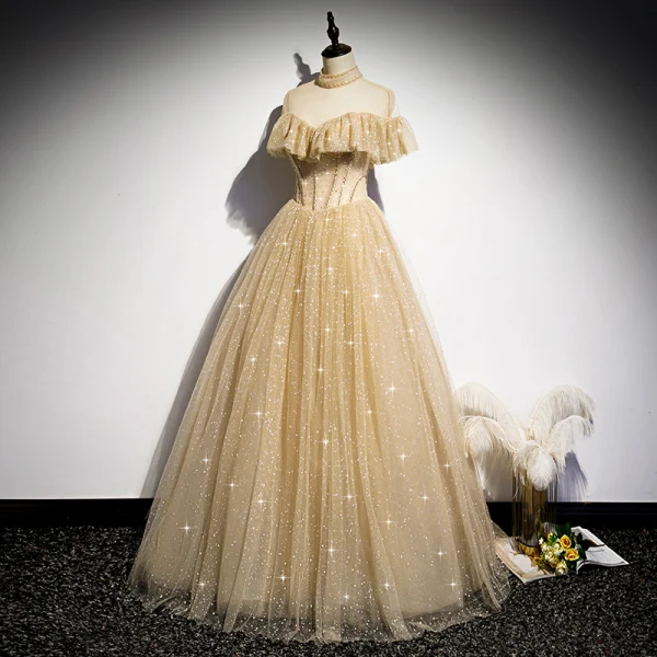Vintage / Retro Champagne Gold Dancing Prom Dresses 2020 A-Line / Princess See-through High Neck Beading Short Sleeve Glitter Tulle Floor-Length / Long Ruffle Backless Formal Dresses