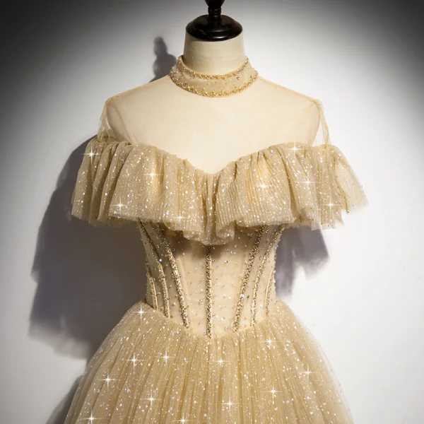 Vintage / Retro Champagne Gold Dancing Prom Dresses 2020 A-Line / Princess See-through High Neck Beading Short Sleeve Glitter Tulle Floor-Length / Long Ruffle Backless Formal Dresses