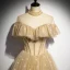 Vintage / Retro Champagne Gold Dancing Prom Dresses 2020 A-Line / Princess See-through High Neck Beading Short Sleeve Glitter Tulle Floor-Length / Long Ruffle Backless Formal Dresses