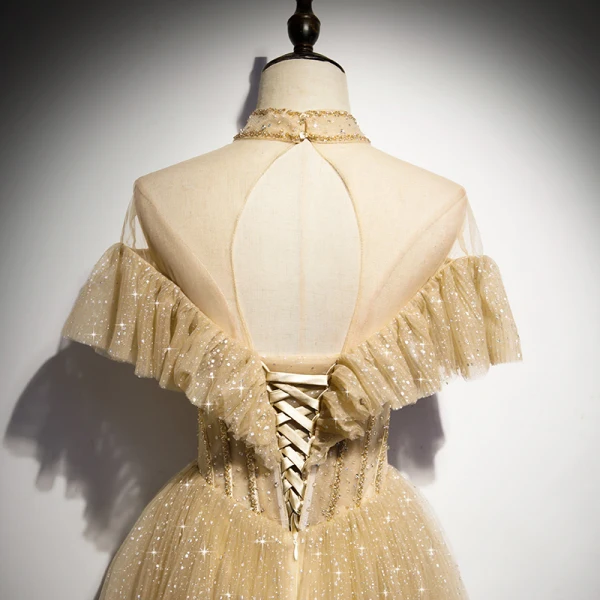 Vintage / Retro Champagne Gold Dancing Prom Dresses 2020 A-Line / Princess See-through High Neck Beading Short Sleeve Glitter Tulle Floor-Length / Long Ruffle Backless Formal Dresses