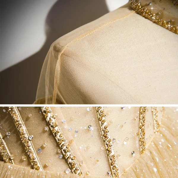Vintage / Retro Champagne Gold Dancing Prom Dresses 2020 A-Line / Princess See-through High Neck Beading Short Sleeve Glitter Tulle Floor-Length / Long Ruffle Backless Formal Dresses