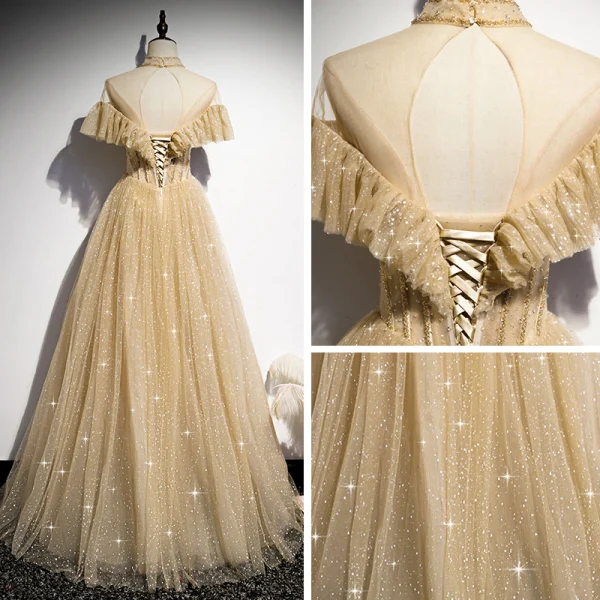 Vintage / Retro Champagne Gold Dancing Prom Dresses 2020 A-Line / Princess See-through High Neck Beading Short Sleeve Glitter Tulle Floor-Length / Long Ruffle Backless Formal Dresses