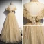 Vintage / Retro Champagne Gold Dancing Prom Dresses 2020 A-Line / Princess See-through High Neck Beading Short Sleeve Glitter Tulle Floor-Length / Long Ruffle Backless Formal Dresses