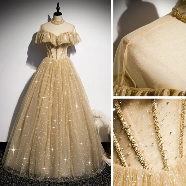 Vintage / Retro Champagne Gold Dancing Prom Dresses 2020 A-Line / Princess See-through High Neck Beading Short Sleeve Glitter Tulle Floor-Length / Long Ruffle Backless Formal Dresses