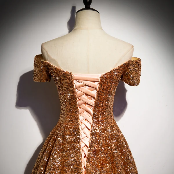 Glitzernden Gold Pailletten Tanzen Ballkleider 2020 A Linie Off Shoulder Kurze Ärmel Lange Rüschen Rückenfreies Festliche Kleider