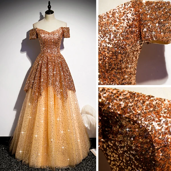 Glitzernden Gold Pailletten Tanzen Ballkleider 2020 A Linie Off Shoulder Kurze Ärmel Lange Rüschen Rückenfreies Festliche Kleider