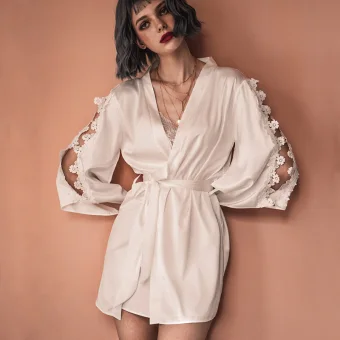 Sexy White Wedding Bridal Bridesmaid V Neck 3 4 Sleeve Silk Robes 2020 Appliques Lace Sash