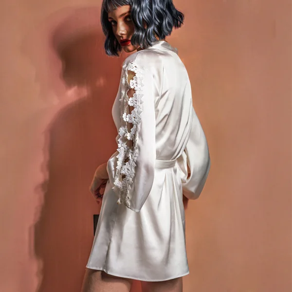 Sexy White Wedding Bridal Bridesmaid V-Neck 3/4 Sleeve Silk Robes 2020 Appliques Lace Sash