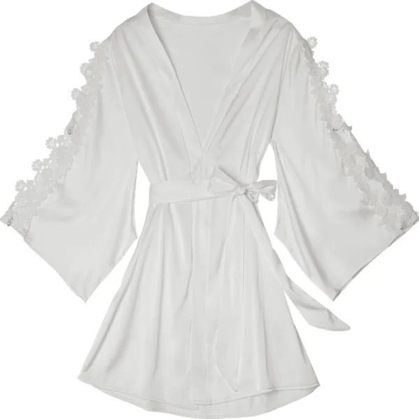 Sexy White Wedding Bridal Bridesmaid V-Neck 3/4 Sleeve Silk Robes 2020 Appliques Lace Sash