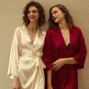 Modest Simple Red Ivory Wedding Bridal Bridesmaid V Neck 3 4 Sleeve Silk Robes 2020 Sash