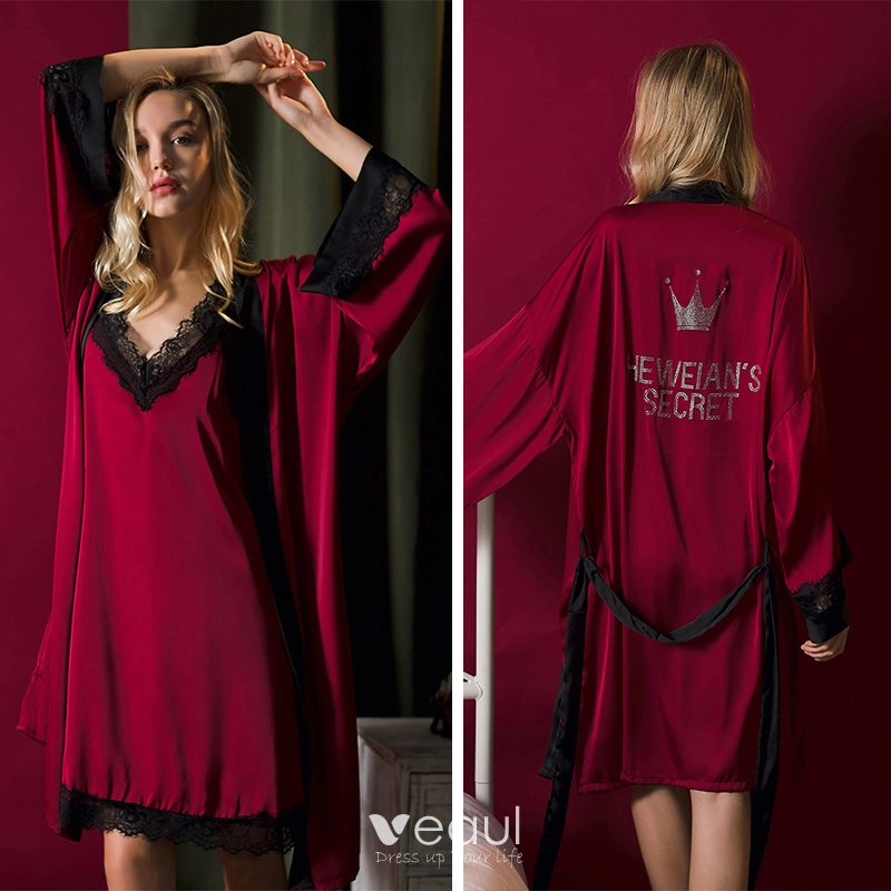 Sexy Burgundy V Neck Long Sleeve Wedding Bridesmaid Bridal Robes