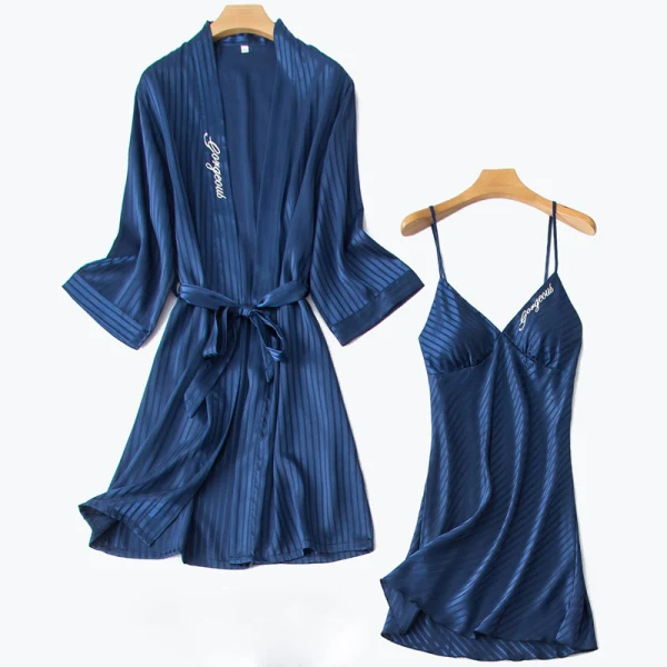 Sexy Green Wedding Bridal Bridesmaid V-Neck Silk 3/4 Sleeve Stripe Robes 2020 Embroidered Sash
