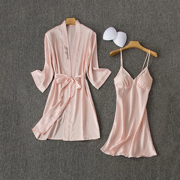 Sexy Green Wedding Bridal Bridesmaid V-Neck Silk 3/4 Sleeve Stripe Robes 2020 Embroidered Sash