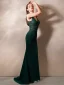 Illusion Dunkelgrün Abendkleider 2020 Meerjungfrau Tiefer V-Ausschnitt Ärmellos Applikationen Spitze Perlenstickerei Sweep / Pinsel Zug Rüschen Rückenfreies Festliche Kleider