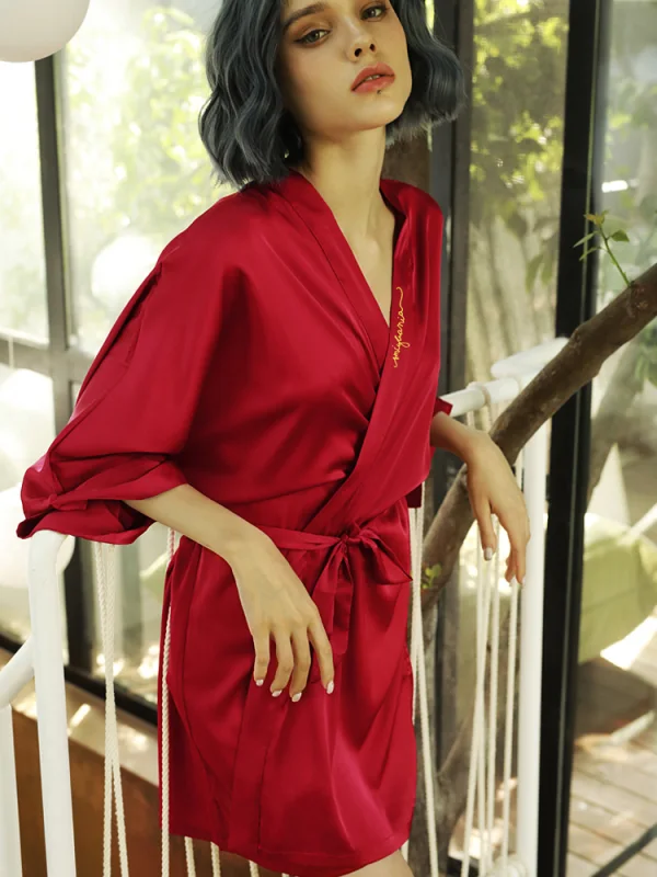 Modest / Simple Fuchsia V-Neck 3/4 Sleeve Wedding Bridal Robes 2020 Embroidered Sash